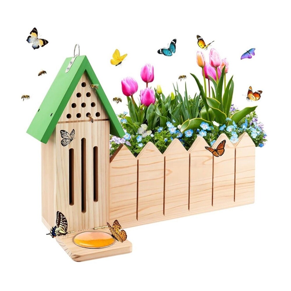 New, 4-in-1 Butterfly House Feeder Bee House with Flower Pot, Wooden